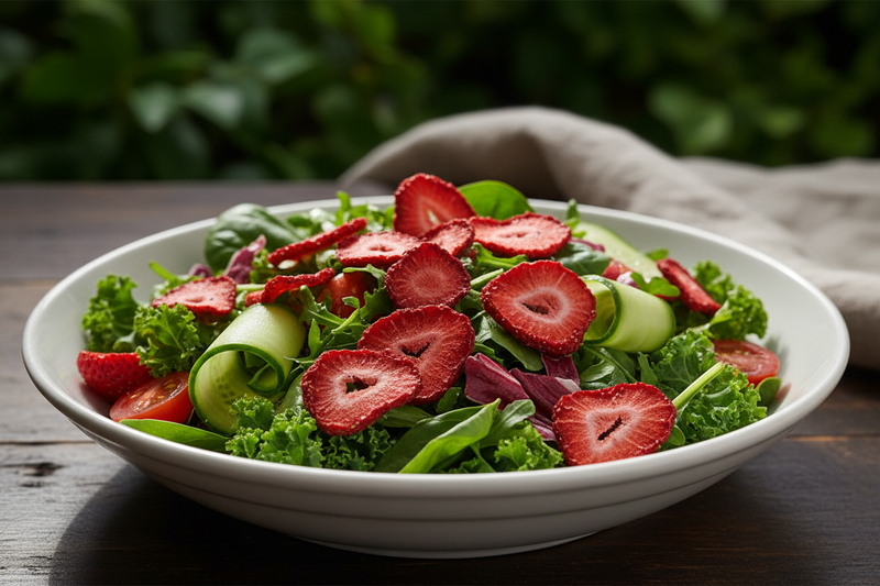 Dehydrated strawberry chips on salad