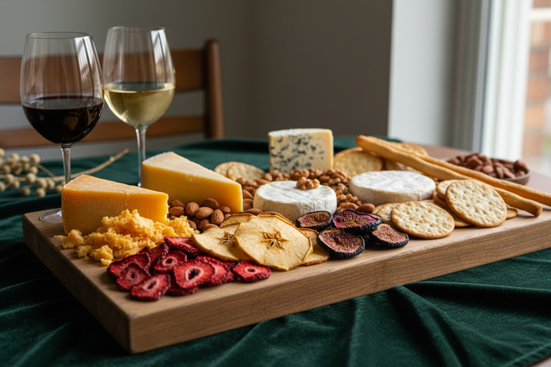 Dried fruits on charcuterie board with wine